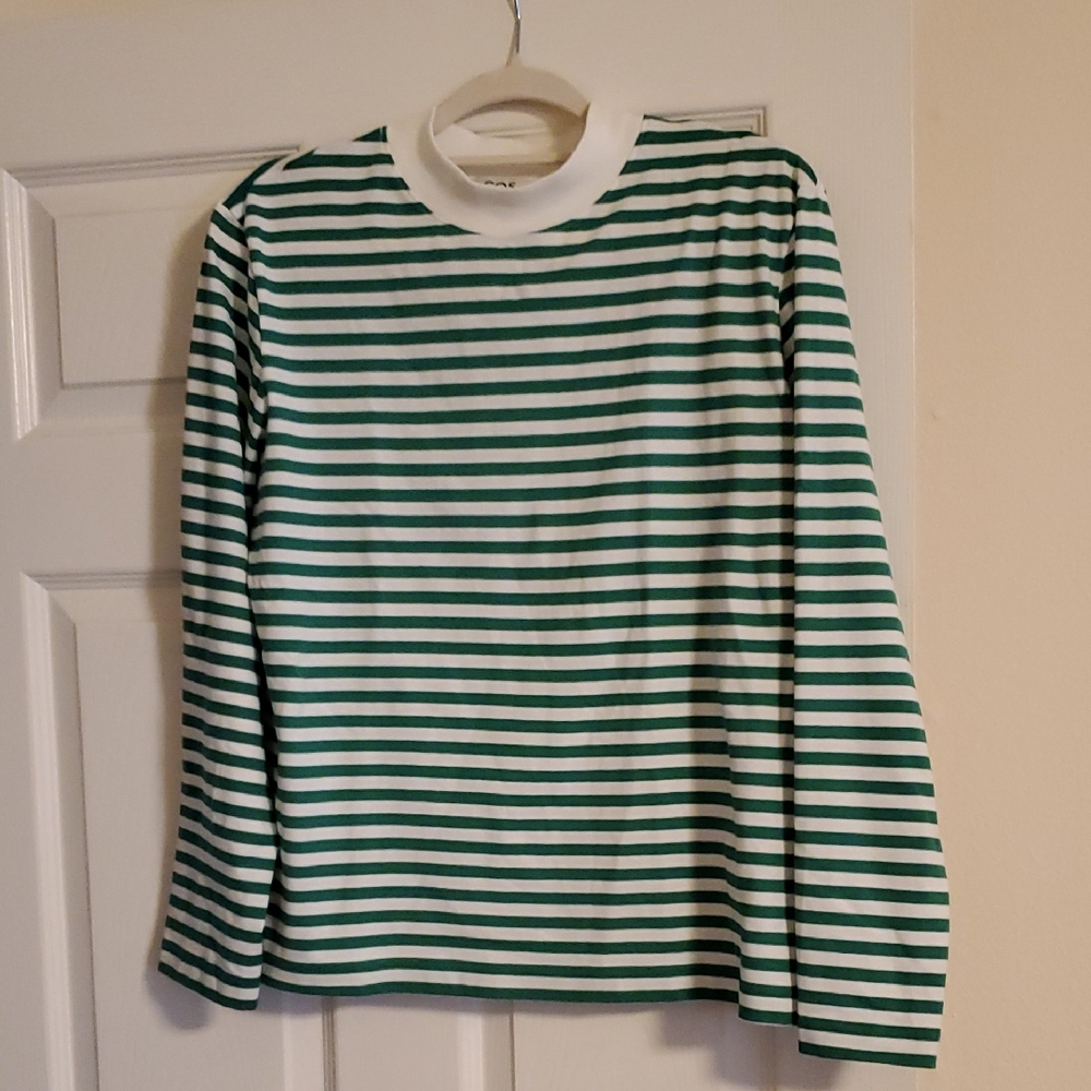 COS Green and White Striped Long Sleeve Tee
